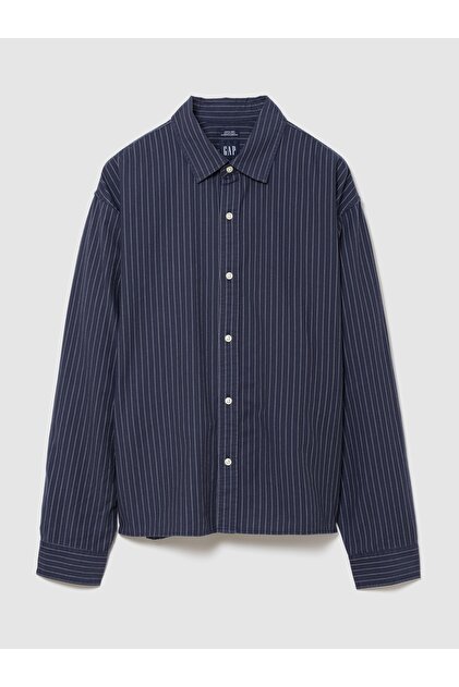 Erkek Koyu Mavi Relaxed Crop Straight-Hem Oxford Gömlek
