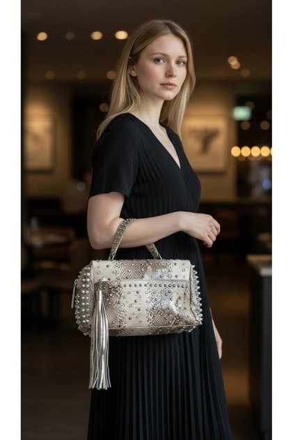 Imported Studded Model Snakeskin Short Hand-Held and Long Strap Women's Bag 26774
