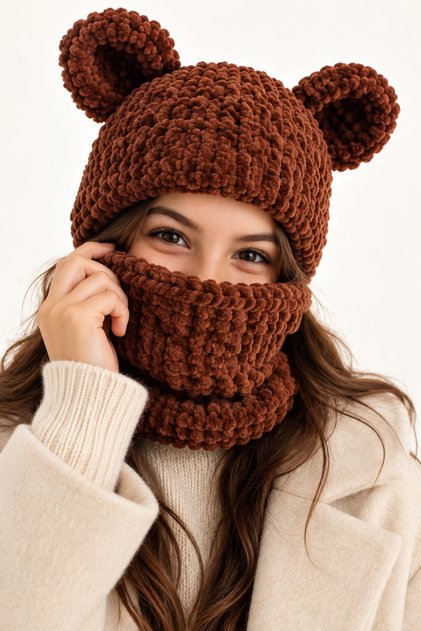 Women's Young Girls Puffy Balaklava with Ears Knitted Hooded Neck Collar Brown Winter Beanie