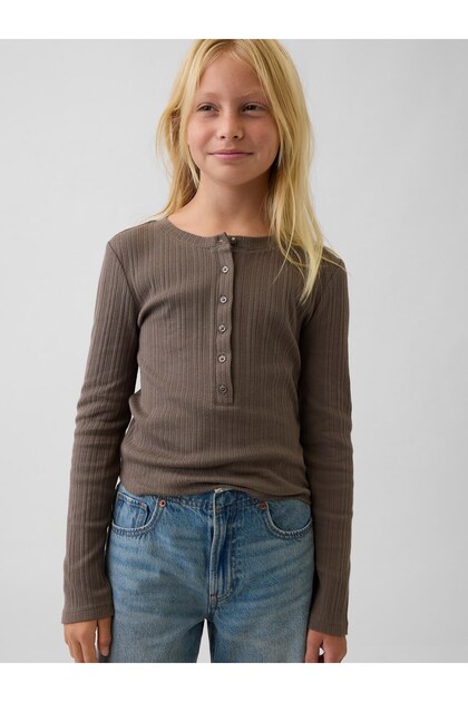 Kız Çocuk Açık Kahverengi Çizgili Fitilli Henley T-Shirt