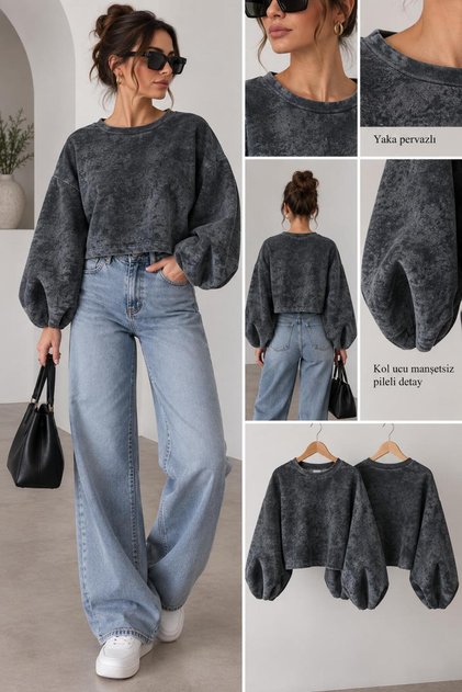Kadın Oversize Crop Sweatshirt Balon Kol Pileli Detaylı, Yaka Pervazlı, Pamuklu Günlük Sweat