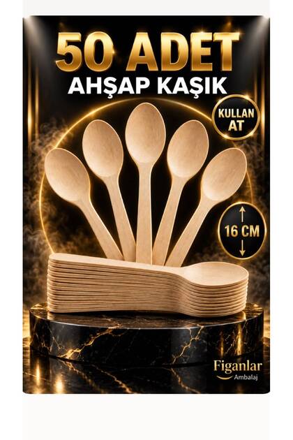 ekolojik 50 Adet Ahşap Tahta Kaşık 16 cm Kullan At Tek Kullanımlık Doğal Çorba Tatlı Sunum Kaşığı