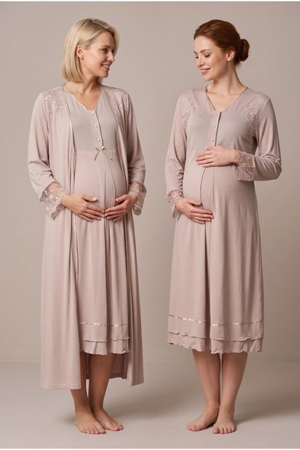 Women's Beige Long Sleeve Lace Maternity Nightgown Set with Easy Nursing Features and Robe
