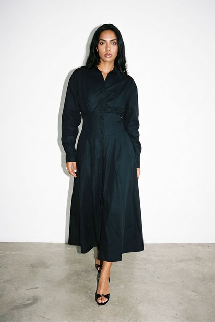 Black 100% Cotton Waist-Slit Collared Pocketed Long Sleeve Dress
