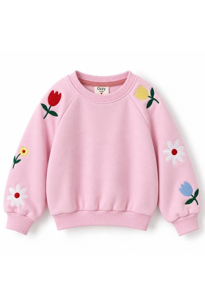 Girl's Sweatshirt with Floral Embroidery on the Sleeves
