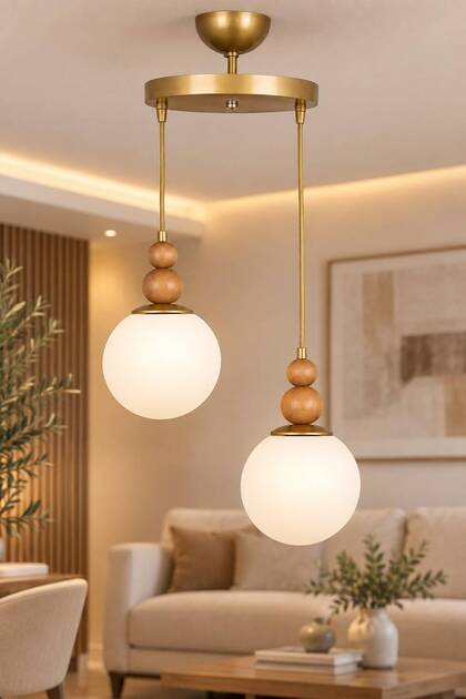Vi̇ona 2Nd Pendant Chandelier | | Antique Body | | White Glop Glass | | Natural Wood Detail Chandelier | | Modern Chandelier E-27 Retro Bohemian Living Room Chandelier Hall Kitchen Chandelier Decorative Lighting Bohemian Chandelier Wooden