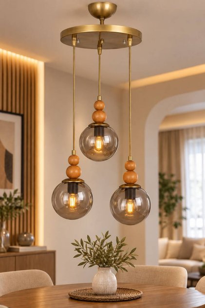 Vi̇ona 3-Piece Pendant Chandelier | | Antique Body | | Smoked Glop Glass | | Natural Wood Detailled Chandelier Modern Chandelier E-27 Retro Bohemian Living Room Chandelier Hall Kitchen Chandelier Decorative Lighting Chandelier Models with Glass