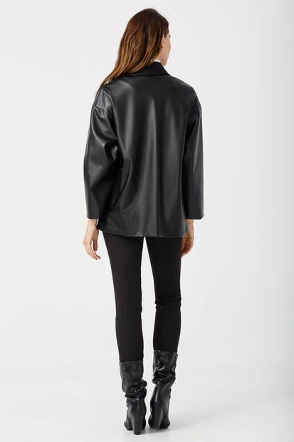 Moda İlgi Modailgi Kruvaze Oversize Deri Ceket Siyah - 5