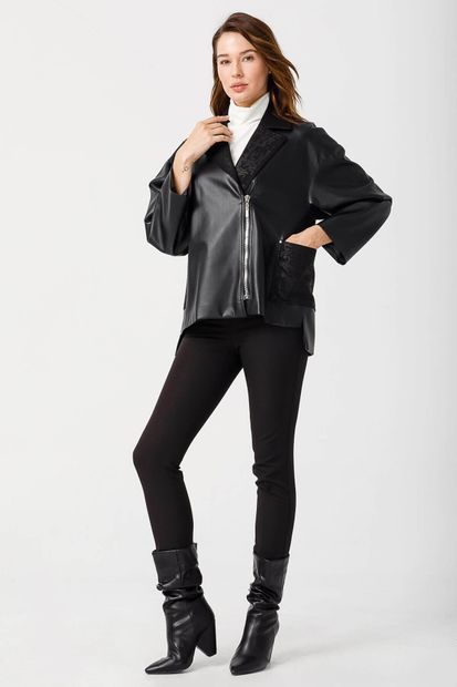 Moda İlgi Modailgi Kruvaze Oversize Deri Ceket Siyah - 7