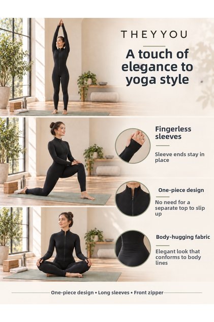 Women's Yoga Pilates Jumpsuit with Zipper and Finger Loop Long Sleeve Sports Jumpsuit Yoga Jumpsuit