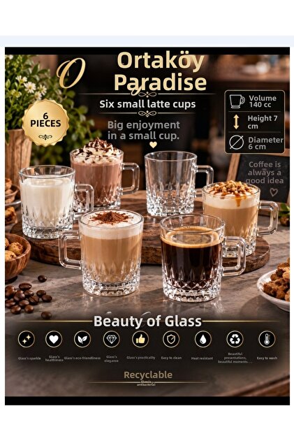 6 Pcs Glass Small Latte Mug Cup 140 Cc Volume 7 cm Height 6 cm Mouth and Stylish Mini Size