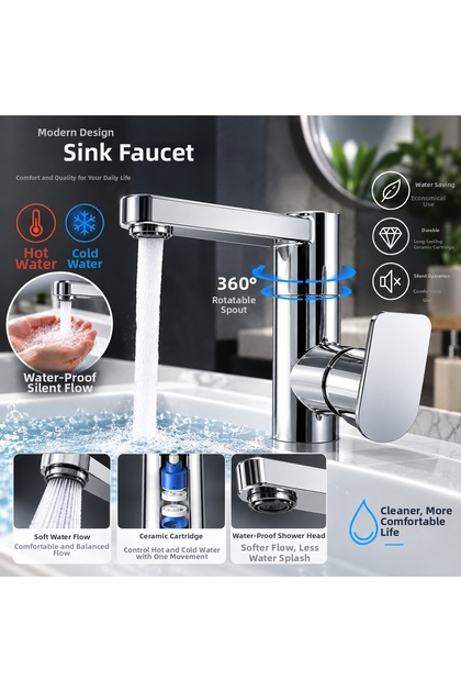 Chrome Sink Faucet with 360° Swivel Body, Ceramic Cartridge, Single-Handle, Stylish Design
