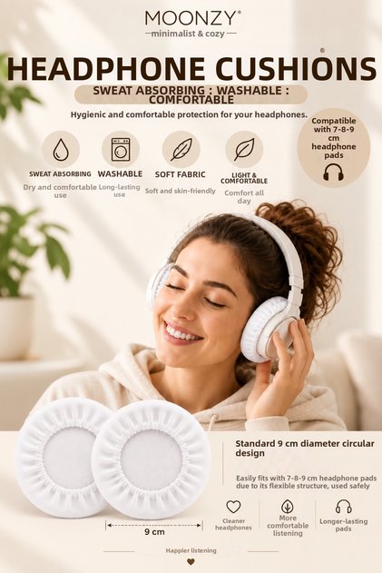 7-8-9 cm Compatible Combed Cotton Headphone Cap, Washable, Sweat-Absorbing Combed Cotton Fabric Headphone Pad Cover, Combed Cotton Overshoes, White