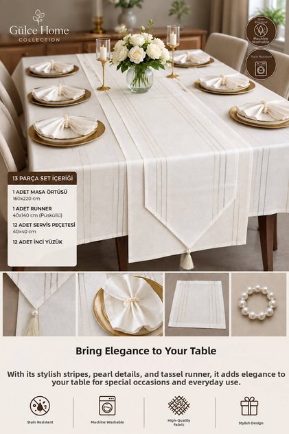 Adeline Tablecloth Set for 12 People, 26 Piece Seamless Dinner Set