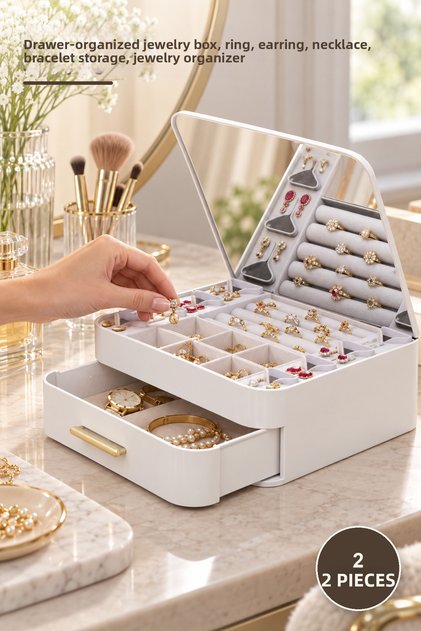 2 Pieces Mirrored Jewelry Organizer – Drawer Divided Organizer, Storage for Rings Earrings Necklaces Bracelets, Jewelry Organizer Jewelry Box