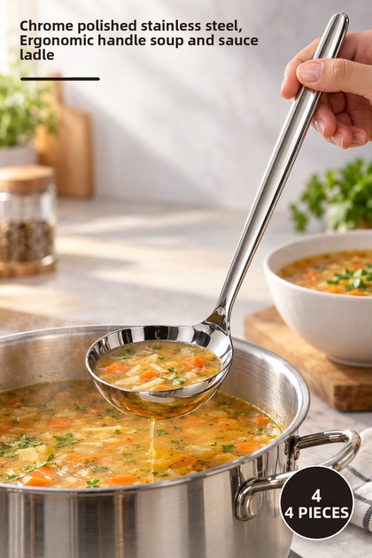 4 Pieces Metal Serving Ladle – Chrome Polished Stainless Steel, Soup and Sauce Ladle with Ergonomic Handle (Ladle, Soup Serving)