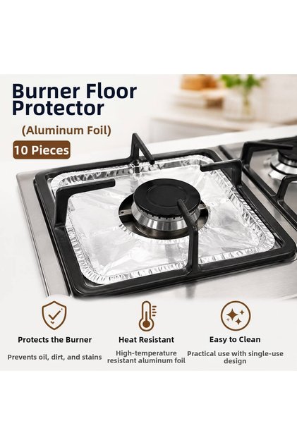 Aluminum Foil Stove Floor Protector 10 Pieces - Disposable Anti-Oil 20.5X20.5 cm