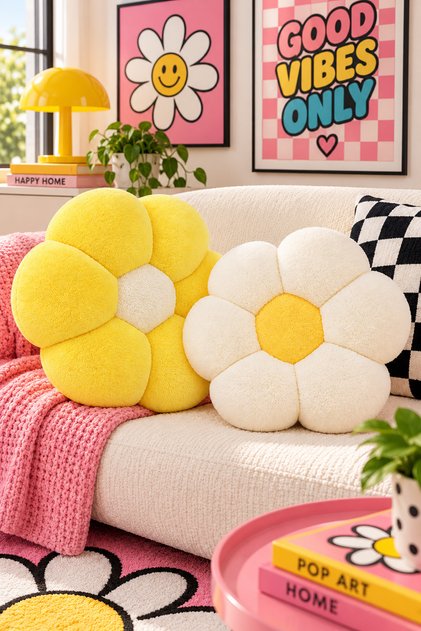 Set of 2 Floral Pillows – Soft Plush Daisy Throw Pillow Set – Decorative Sofa and Room Cushion 40 cm Yellow-Cream
