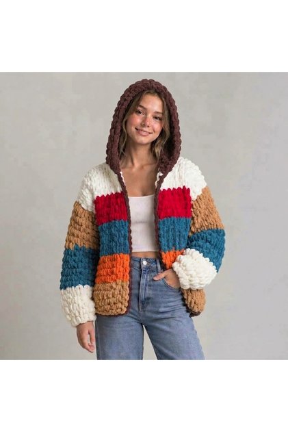 Kapüşonlu El Örgüsü Puffy Retro Hırka Ceket Uzun Boy