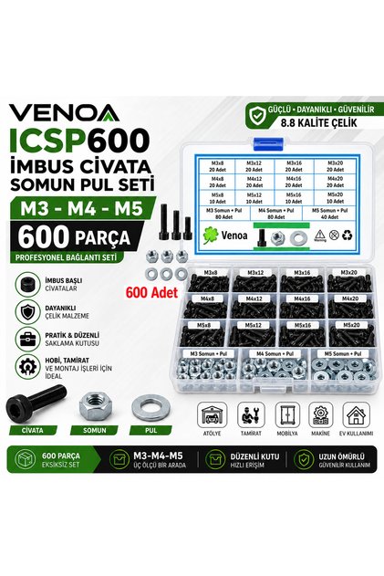 İcsp600 Imbus Civata Somun Pul Seti M3, M4, M5 Çantalı 600 Parça
