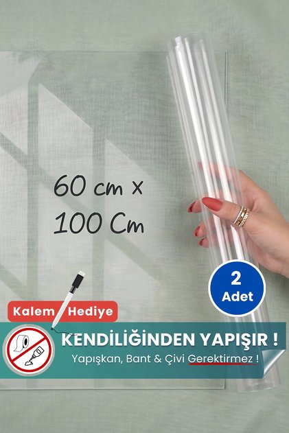 Akıllı Kağıt - 60x100 Cm Şeffaf, 2 Adet Pratik, Yapışkansız Statik Tutunan, Yazı Tahtası ve Pano