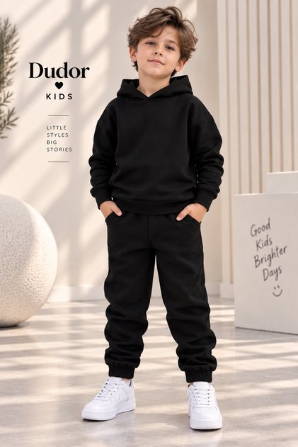 Black Hooded Basic Tracksuit Set - Unisex