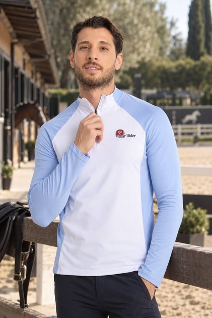 Blue Sleeve White Garnished Zippered Long Sleeve Men's Riding T-Shirt