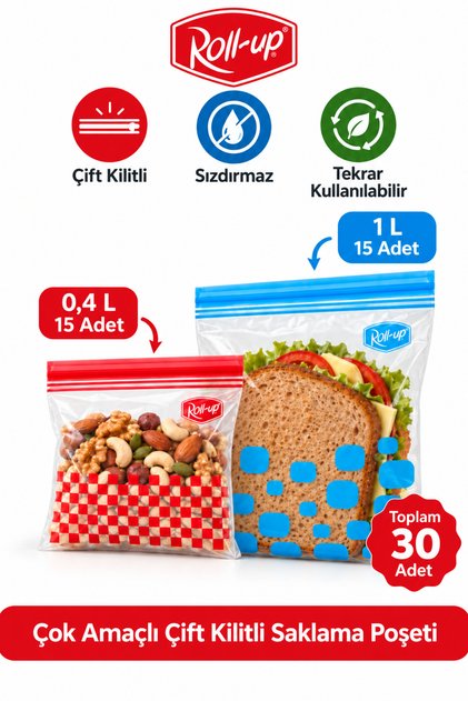 Çift Kilitli Buzdolabı ve Gıda Saklama Poşeti 0,4 L + 1 L 15+15 Adet Toplam 30 Adet