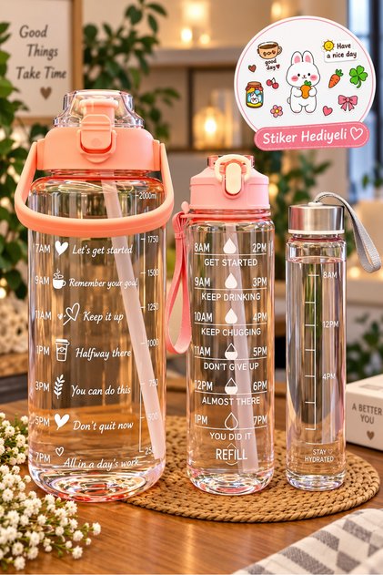3 Lü Set ŞEFFAF Motivasyon Su Matarası Şişesi Suluk Tritan Su Şişesi