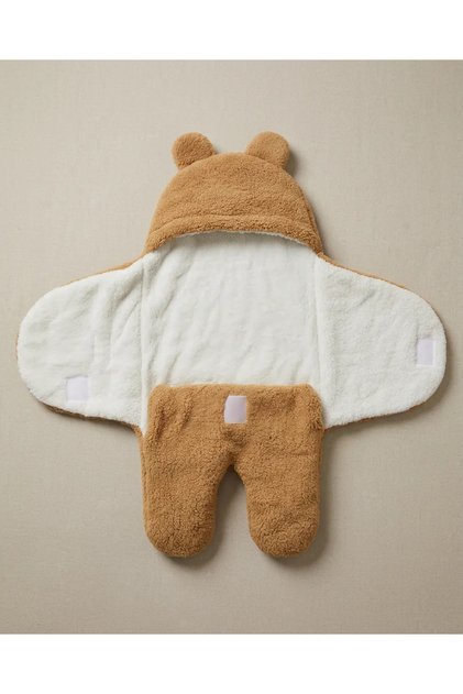 Unisex 0-12 Months Inner Fiber Plush Welsoft Eared Cream Outer Baby Swaddle & Blanket Winter Sleeping Bag
