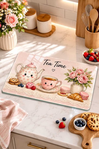 Glass Cutting Board Tea Time Themed Pink Polka Dot with Teapot Figure - Glass Cutting Board | 20cm X 30cm