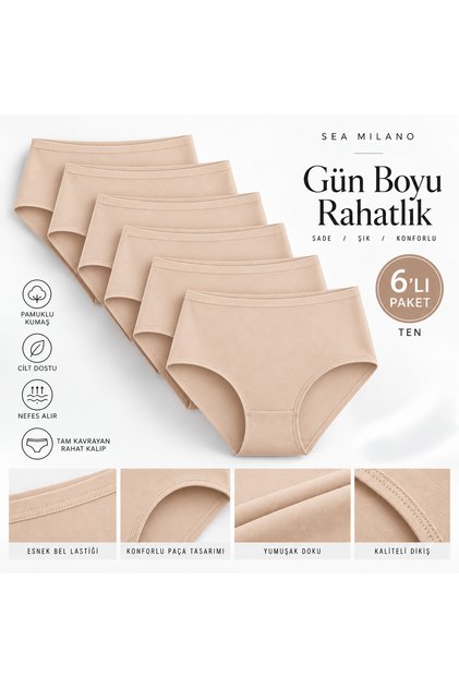 Kadın 6'lı Ten %90 Pamuklu Yumuşak Dokulu Likralı Baton Külot