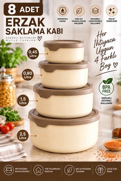 8 Leak-Proof Round Food Storage Containers 2X 0.45 Lt+ 2X 0.80 Lt+ 2X 1.5 Lt+2X 2.5 Lt. Beige