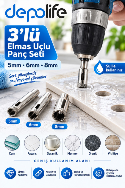 Cam Fayans Delme Mermer Granit Yuvarlak Delik Açma Panç 3 parça (5mm-6mm-8mm) Elmas Uçlu Karot