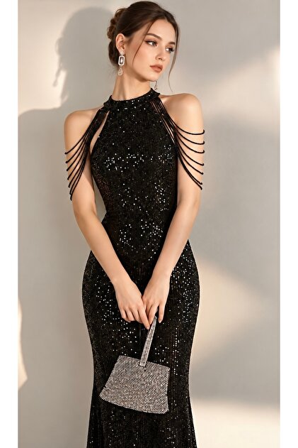 HALTER YAKA BONCUK DETAYLİ PUL PAYET ABİYE ELBİSE