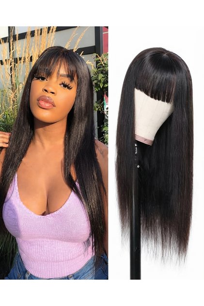 Long Straight Black Wig with Bangs – 16 Inches