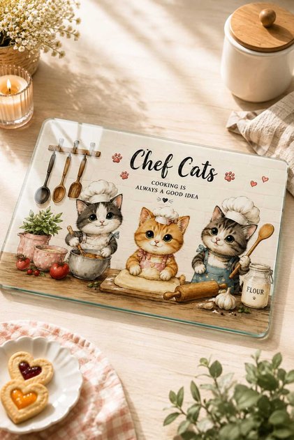 Glass Cutting Board Cute Cat Themed - Glass Cutting Board | 20cm X 30cm