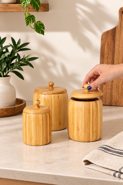 Set of 3 Bamboo Jars 11-9-8cm