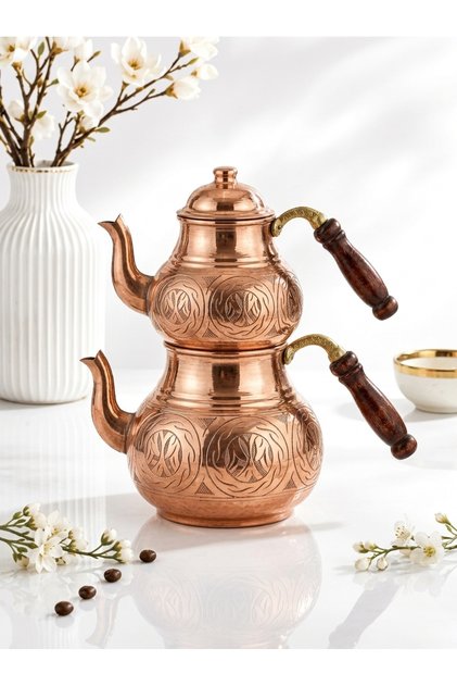 إبريق شاي برونزي كبير | طقم إبريق شاي مزدوج مصنوع يدويًا من الزاماك مع غطاء إضافي بلون برونزي | صنع في تركيا