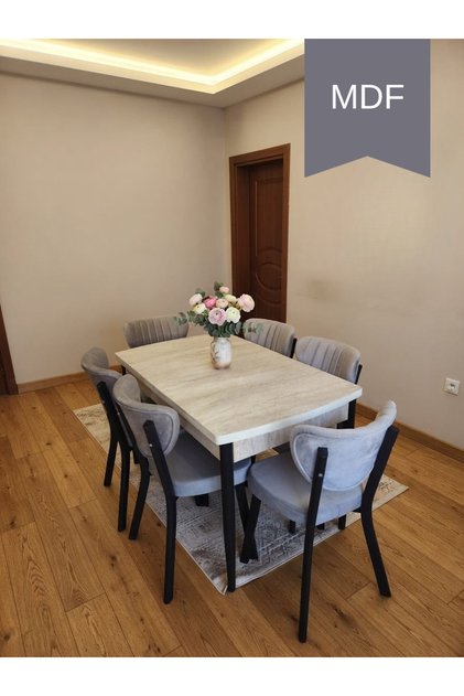 6 Kişilik Yemek Masa Takımı 80x130 Açılır MDF Masa ve 6 Adet Elma Sandalye