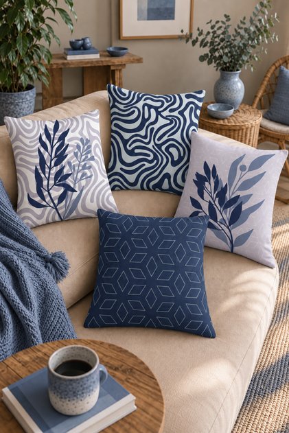 4-Piece Double-Sided Digital Printed Navy Blue and White Pillow Case Throw Pillow Case – Zippered 43X43 cm