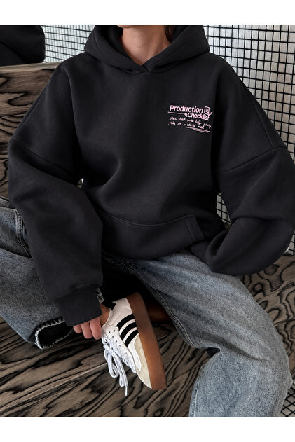 Crep Women's 3 Thread Yarn Soft Inside, Front and Back Printed Hooded Oversize Sweatshirt Navy Blue