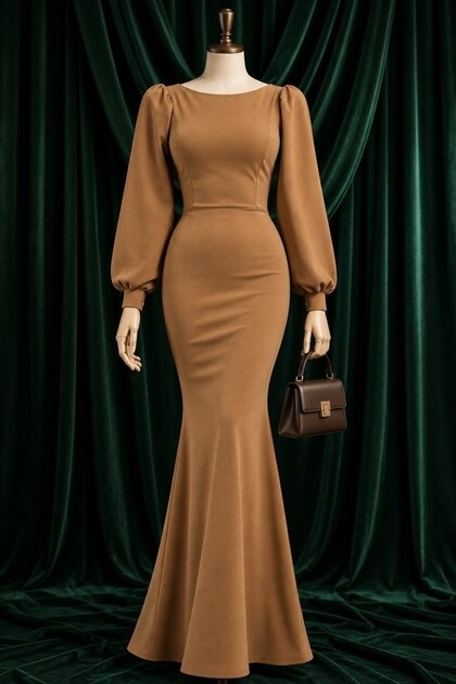 Balon Kol Balık Model Maxi Boy İthal Krep Kumaş Elbise 582744 Camel