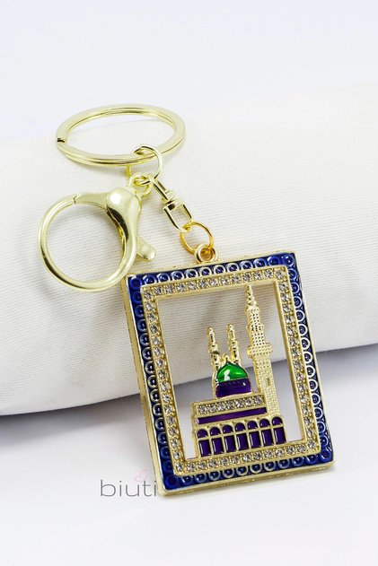 ميدالية مفاتيح معدنية مزينة بحجر لامع باللون الأزرق الداكن على شكل مسجد النبي، زينة للحقيبة الدينية