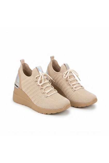 Weor Premium Beige Knitwear Lace-Up Women's Wedge Heeled Sneaker