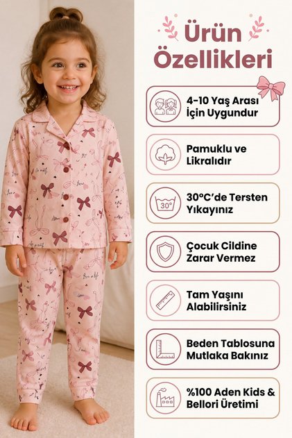 Girl's Bow Print Shirt Collar Buttoned Pajama Set