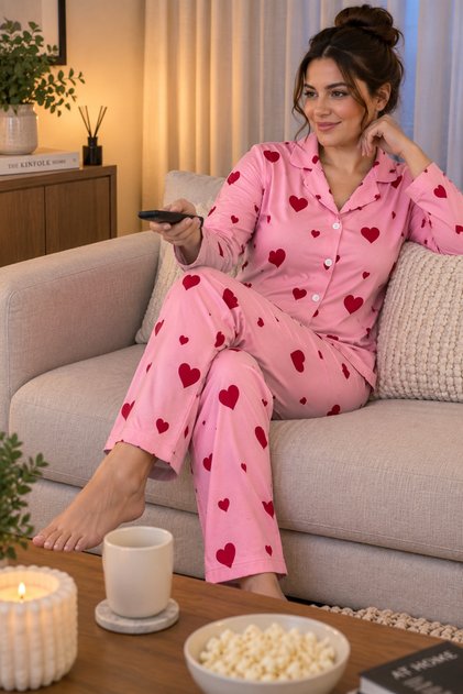 Cotton Buttoned Double Milan Pajama Set Pink Patterned