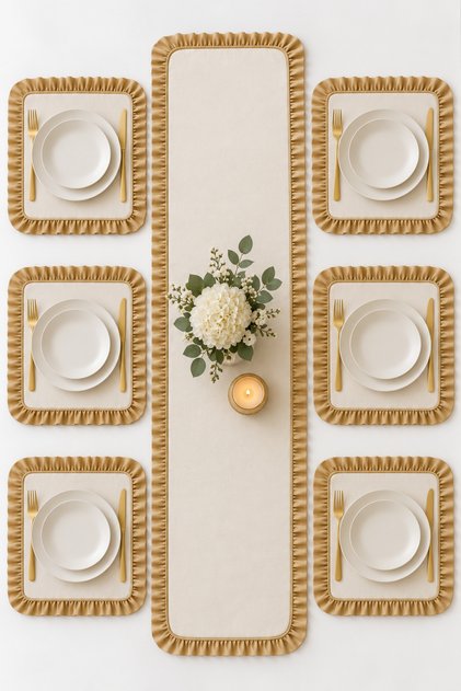 7 Piece Gold Ruffled Cream Table Set for 6 People – Runner + 6 American Service Plates