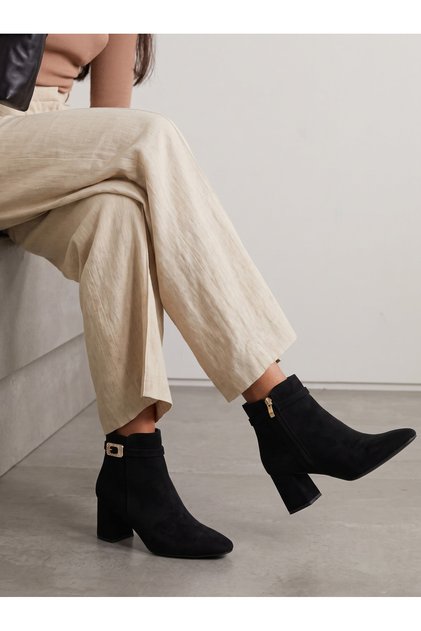 Phoebe Alma Women's Pointed Toe Heeled Boots 0012658 Black Suede