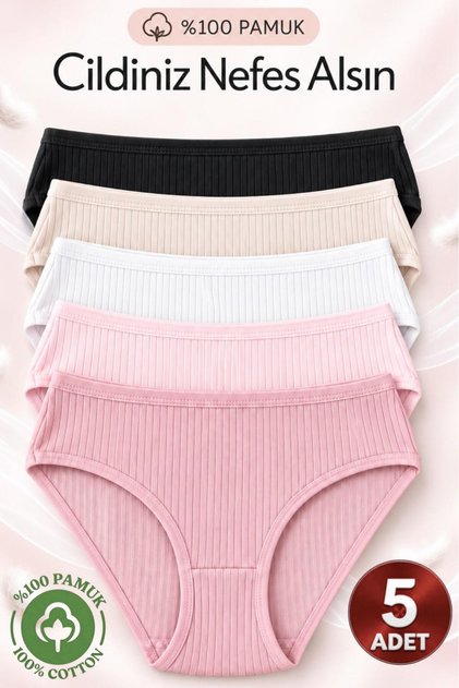5'li Kadın Karışık Renkli %100 Pamuk Fitilli Bikini Külot Seti